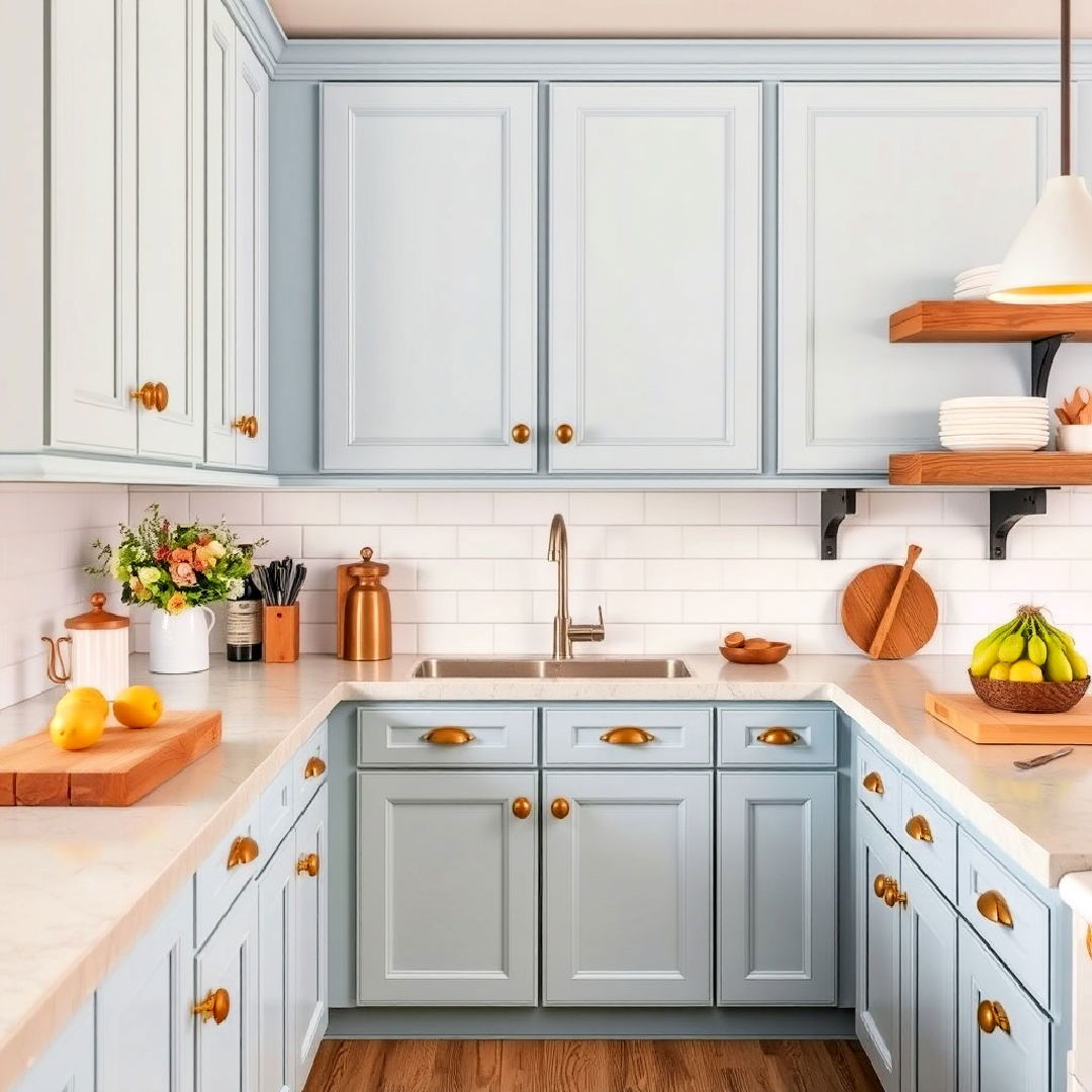 farmhouse vibe french blue cabinets with rustic gold pulls - 30 Blue Kitchen Cabinets With Gold Hardware