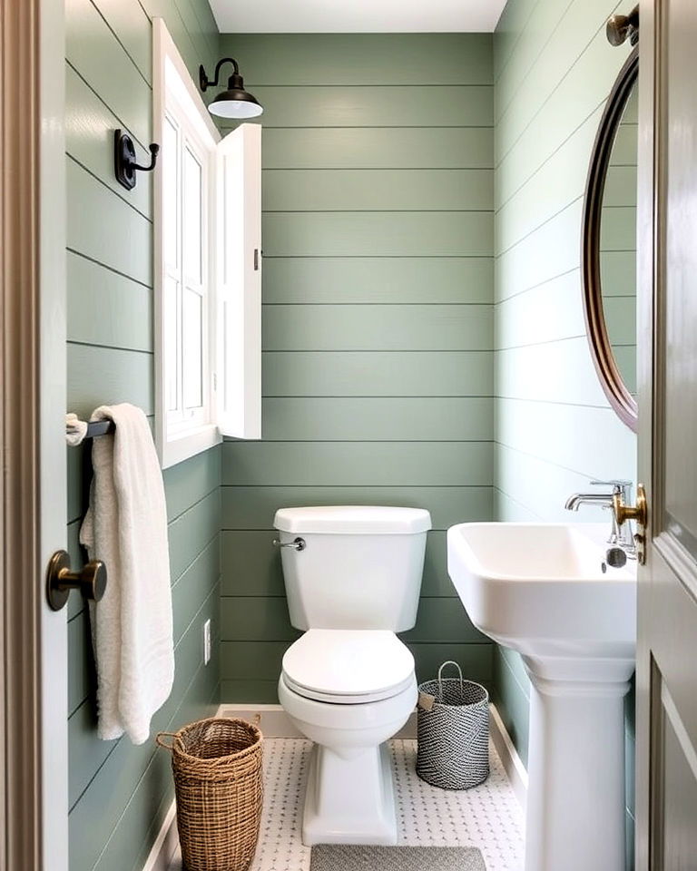 farmhouse vibe green shiplap walls - 20 Small Green Bathroom Ideas