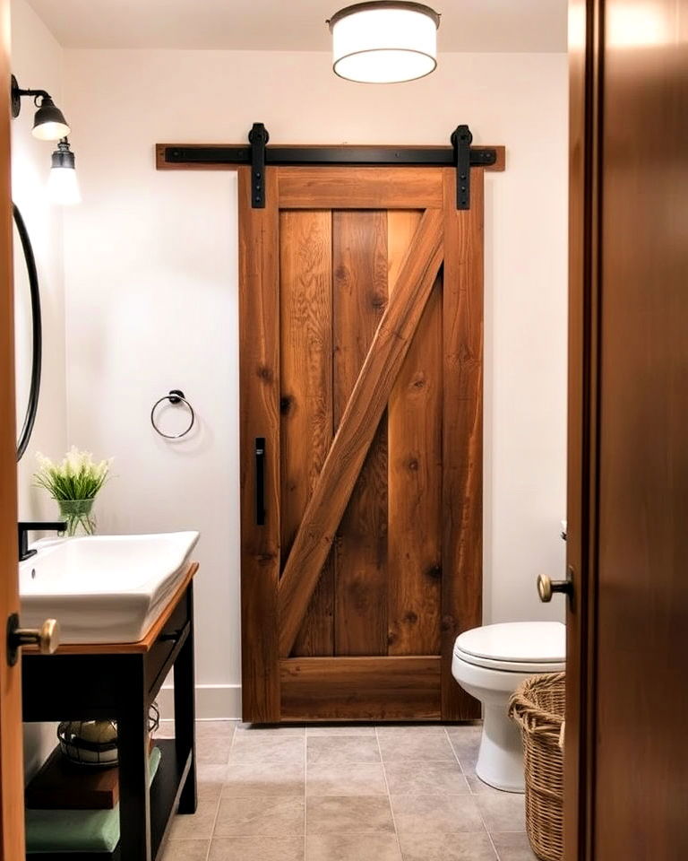 farmhouse vibe rustic barn door - 40 Primary Bathroom Ideas