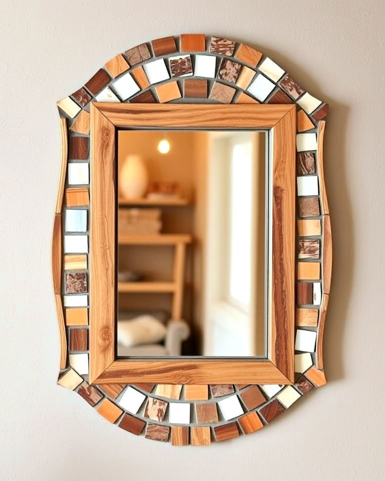 farmhouse vibe rustic wooden mosaic mirror - 20 Mosaic Mirror Ideas