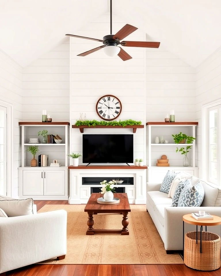 farmhouse vibe shiplap walls - 25 Joanna Gaines Living Room Ideas