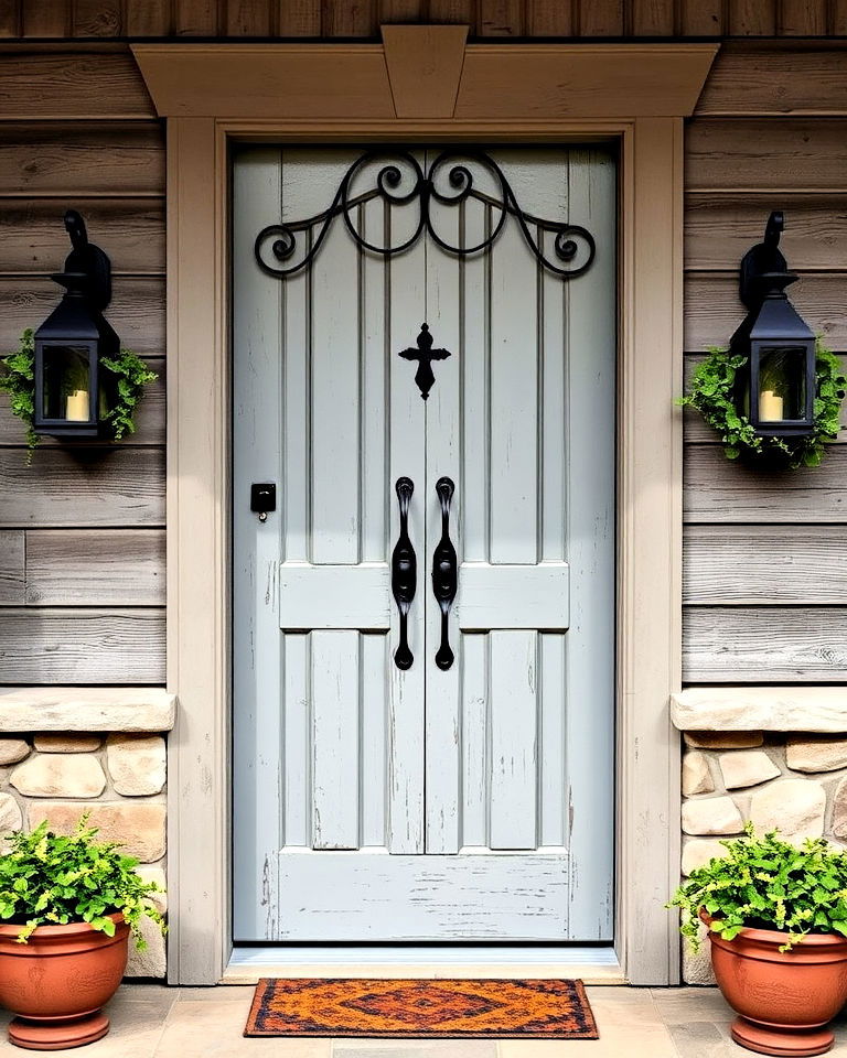farmhouse vibe weathered grey front door - 25 Grey Front Door Ideas