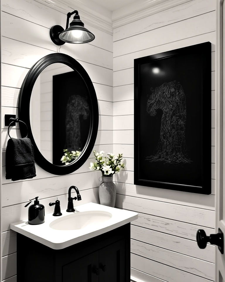 farmhouse vibe white shiplap walls with black details - 20 Black and White Powder Room Ideas