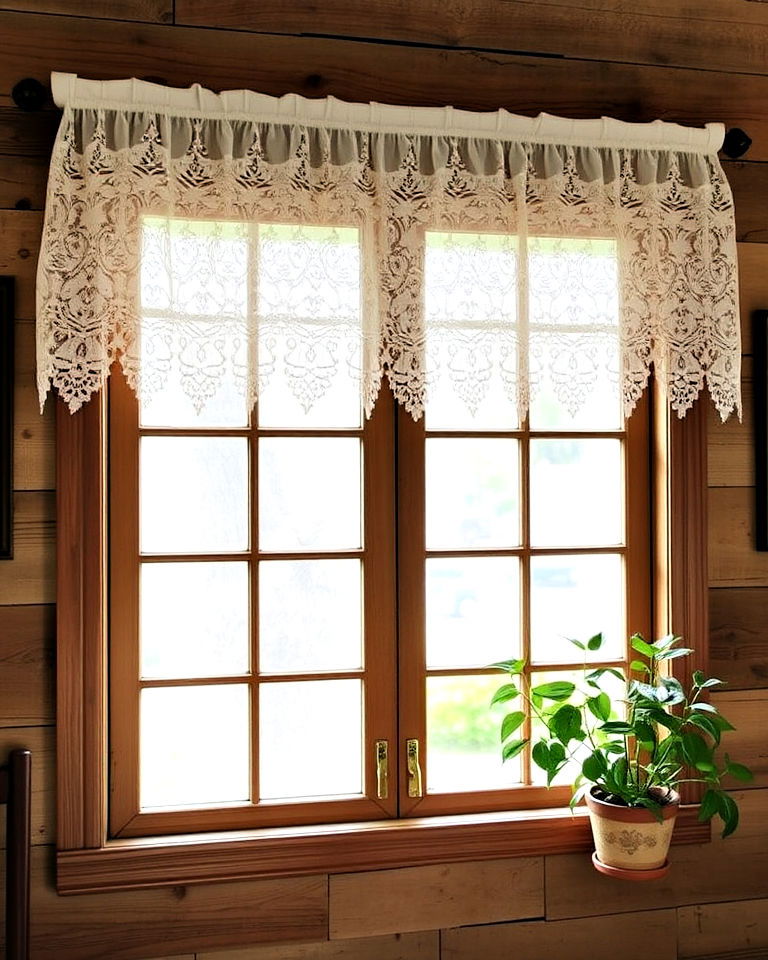 farmhouse window with antique lace valances - 40 Farmhouse Window Treatment Ideas