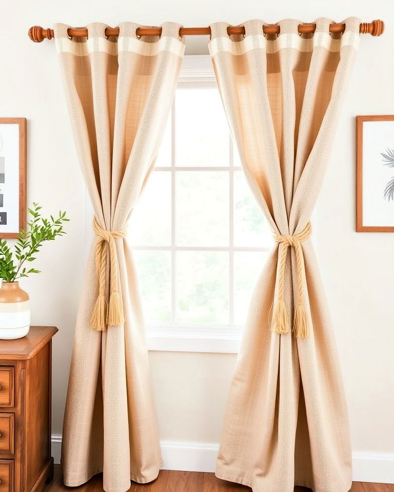 farmhouse window with rope tiebacks - 40 Farmhouse Window Treatment Ideas