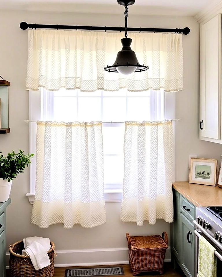farmhouse window with tiered curtains - 40 Farmhouse Window Treatment Ideas