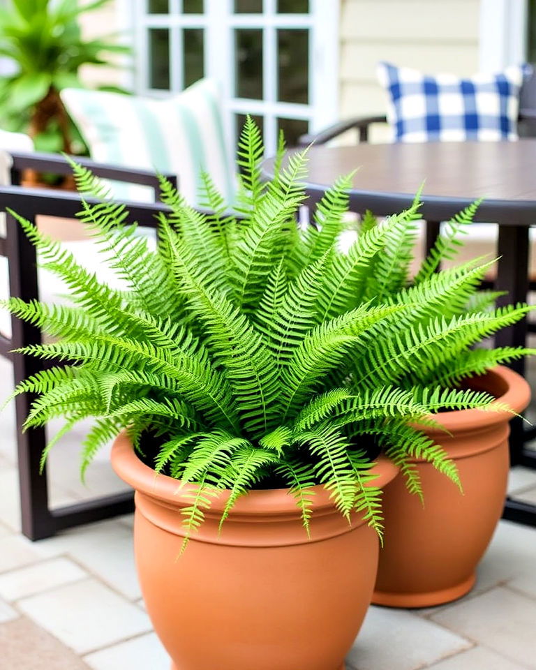 faux ferns beside outdoor furniture - 20 Landscaping With Artificial Plants