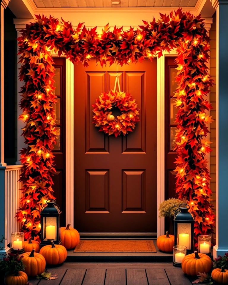 faux leaf garland with lights ideas - 30 Front Door Fall Decor Ideas