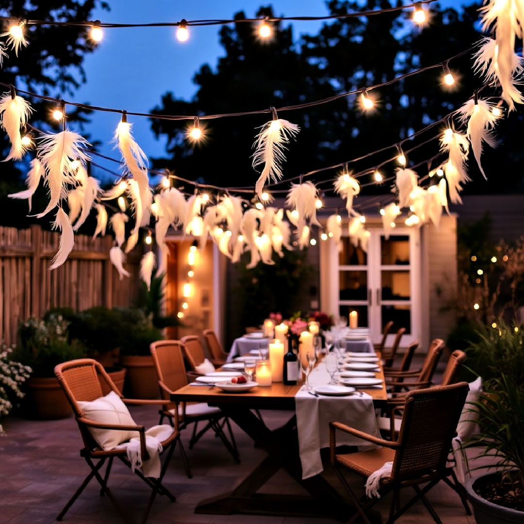 feather string lights for bohemian look - 40 Patio String Light Ideas
