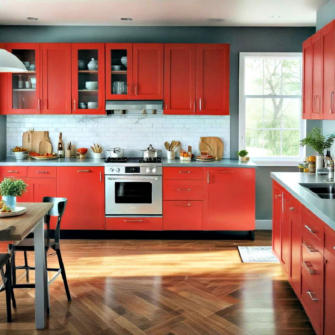 fiery red cabinet with bold statement - 40 Painted Kitchen Cabinet Ideas