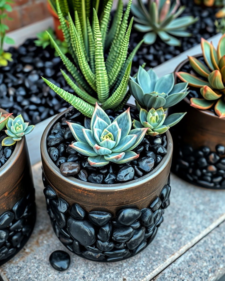 fill planters with low maintenance black rocks - 20 Black River Rock Landscaping Ideas
