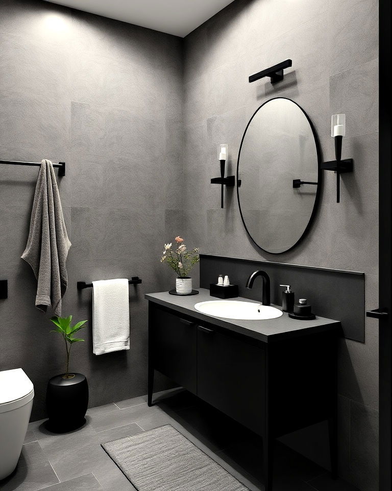 fingerprint resistant matte black accents - 20 Masculine Bathroom Ideas