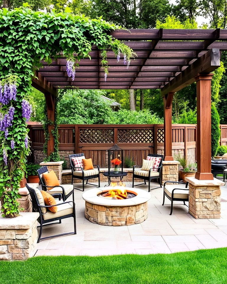 fire pit and pergola for stone patio - 25 Stone Patio With a Fire Pit Ideas