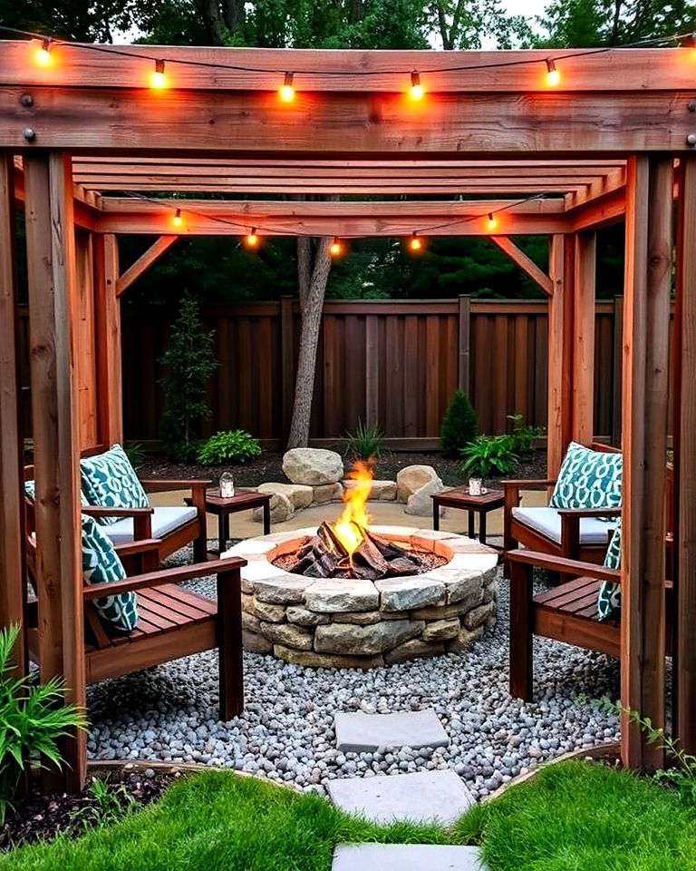 fire pit area framed with railroad ties - 20 Railroad Ties Landscaping Ideas