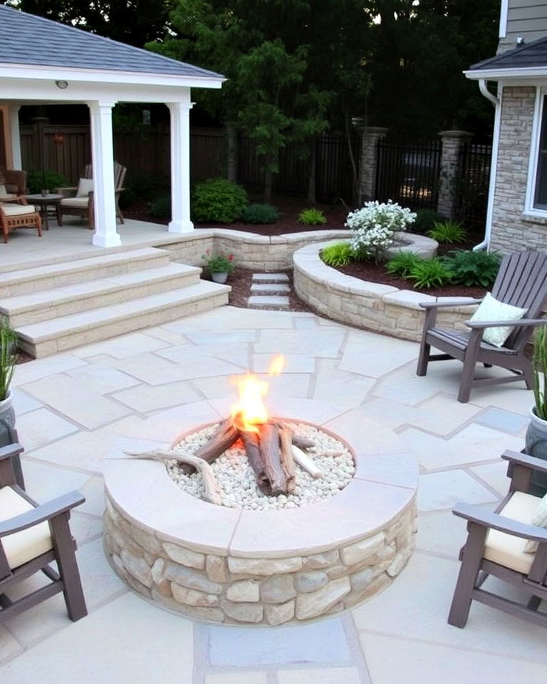 fire pit for coastal stone patio - 25 Stone Patio With a Fire Pit Ideas