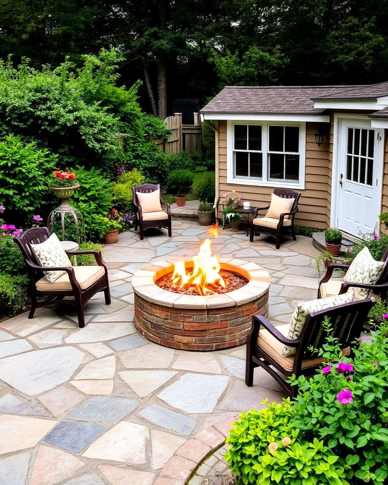 fire pit for cottage style stone patio - 25 Stone Patio With a Fire Pit Ideas