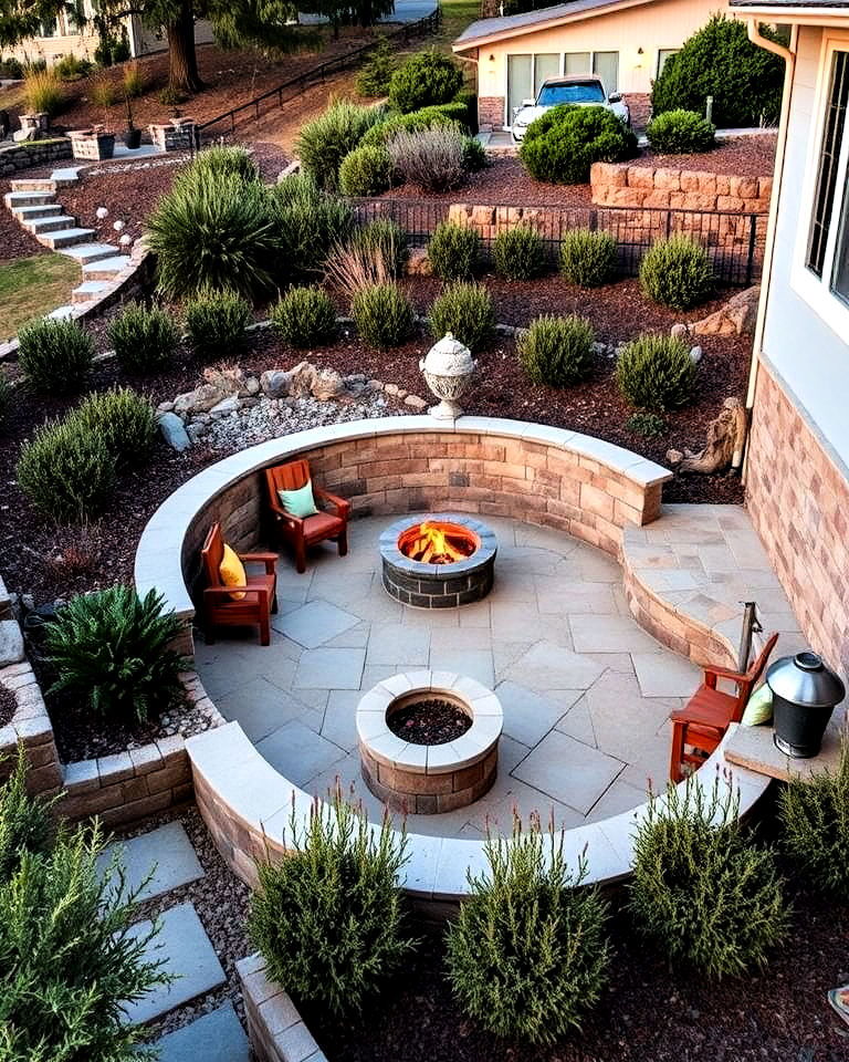 fire pit terrace ideas - 25 Down Sloped Backyard Ideas