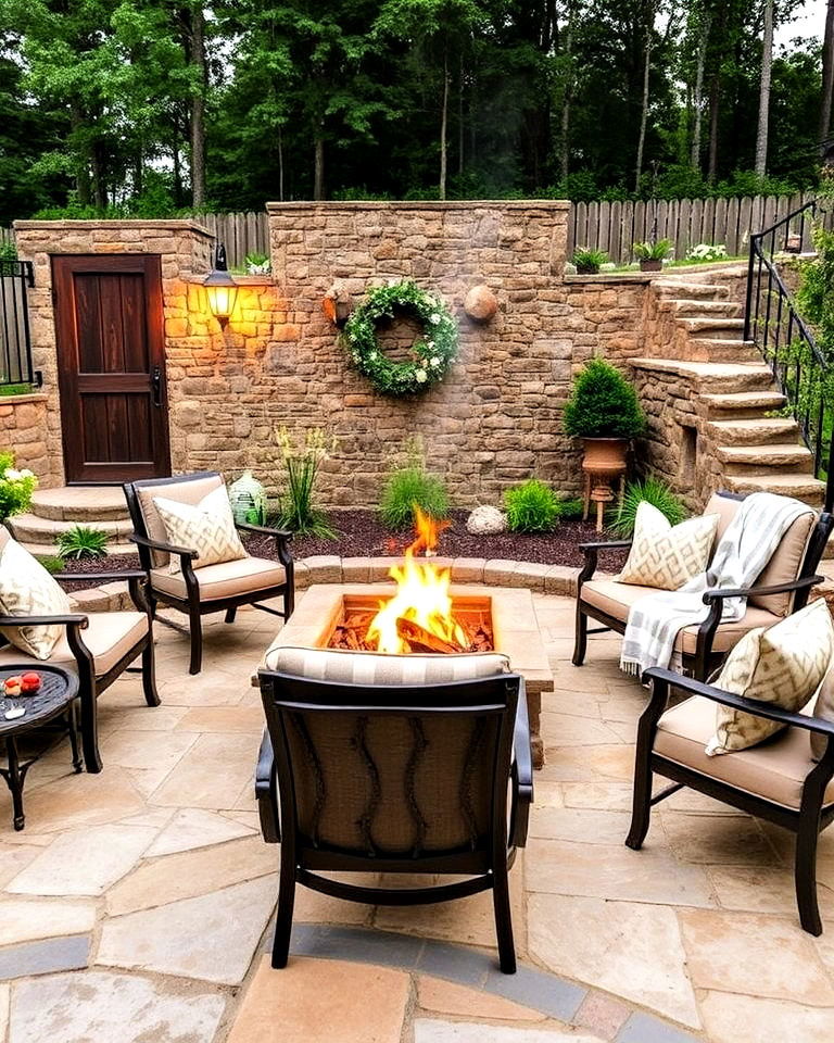 fire pit with rustic farmhouse stone patio - 25 Stone Patio With a Fire Pit Ideas