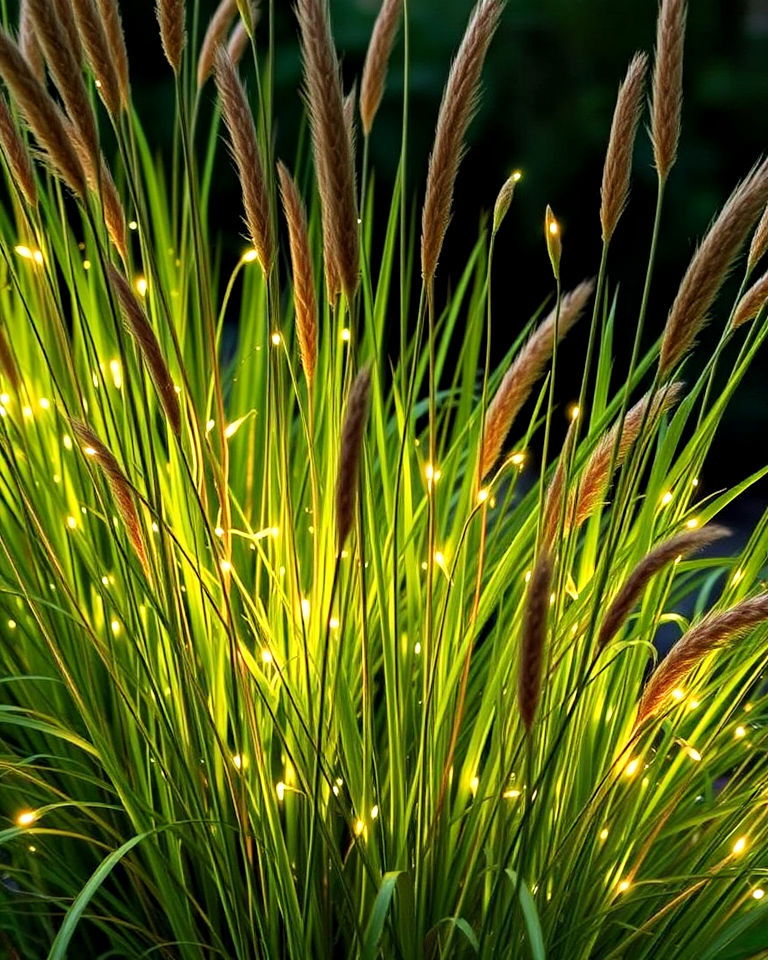 firefly style string lights within tall grasses - 40 Garden Lighting Ideas