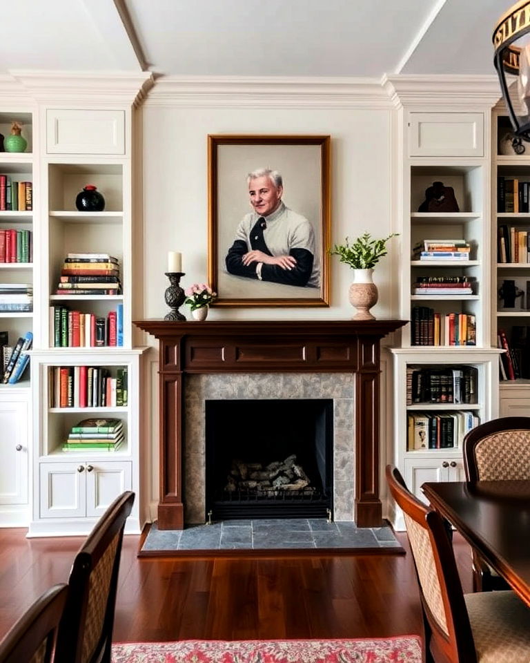 fireplace and built in bookshelves for dining room - 30 Dining Rooms With Fireplaces