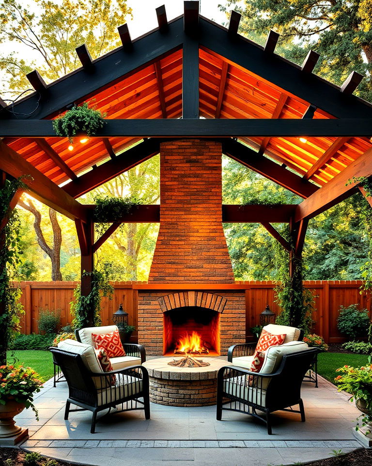 fireplace and pergola roof for garden pavilion - 15 Backyard Pavilions With Fireplaces