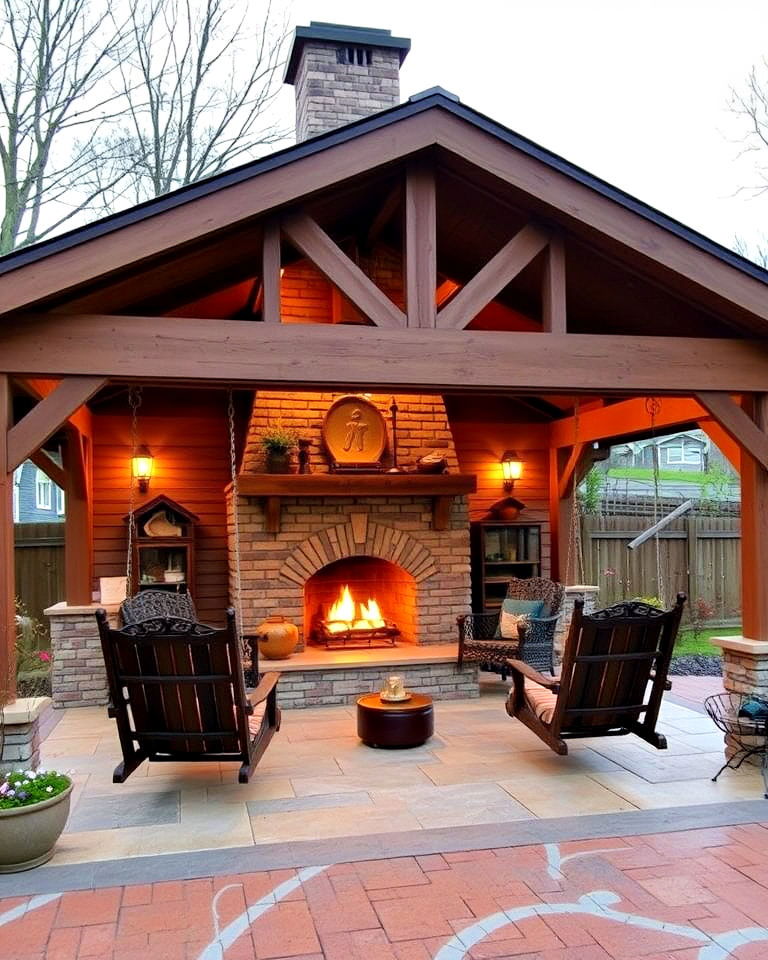 fireplace and swing chairs for farmhouse style pavilion - 15 Backyard Pavilions With Fireplaces