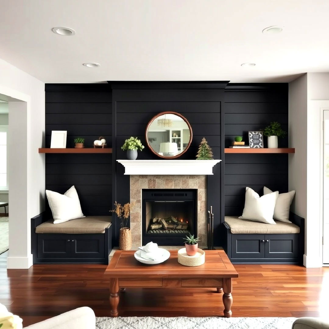 fireplace built in seating ideas - 40 Black Shiplap Fireplace Ideas