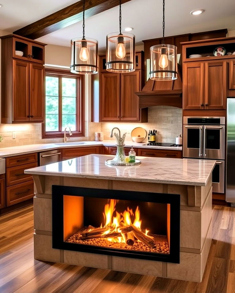 fireplace built into the kitchen island - 25 Kitchens With Fireplaces