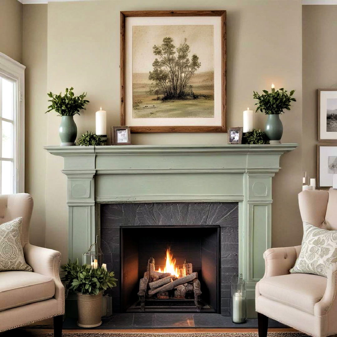 fireplace mantel decor - 25 Rustic Sage Green Living Room Ideas