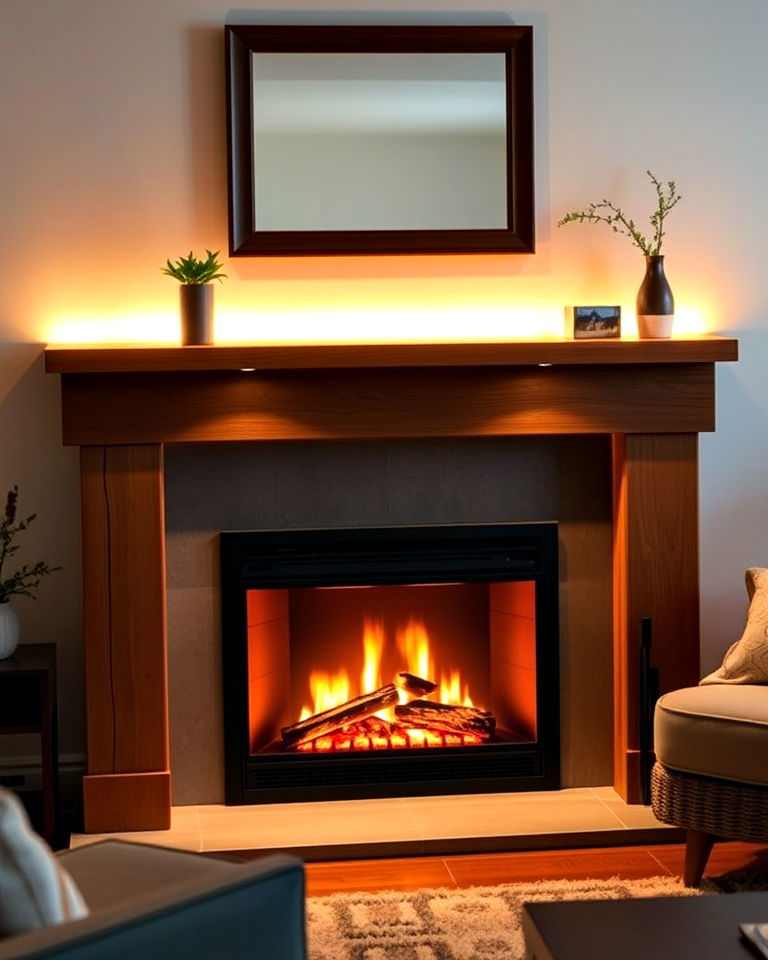 fireplace mantel with built in led lighting - 20 Wood Fireplace Mantel Ideas
