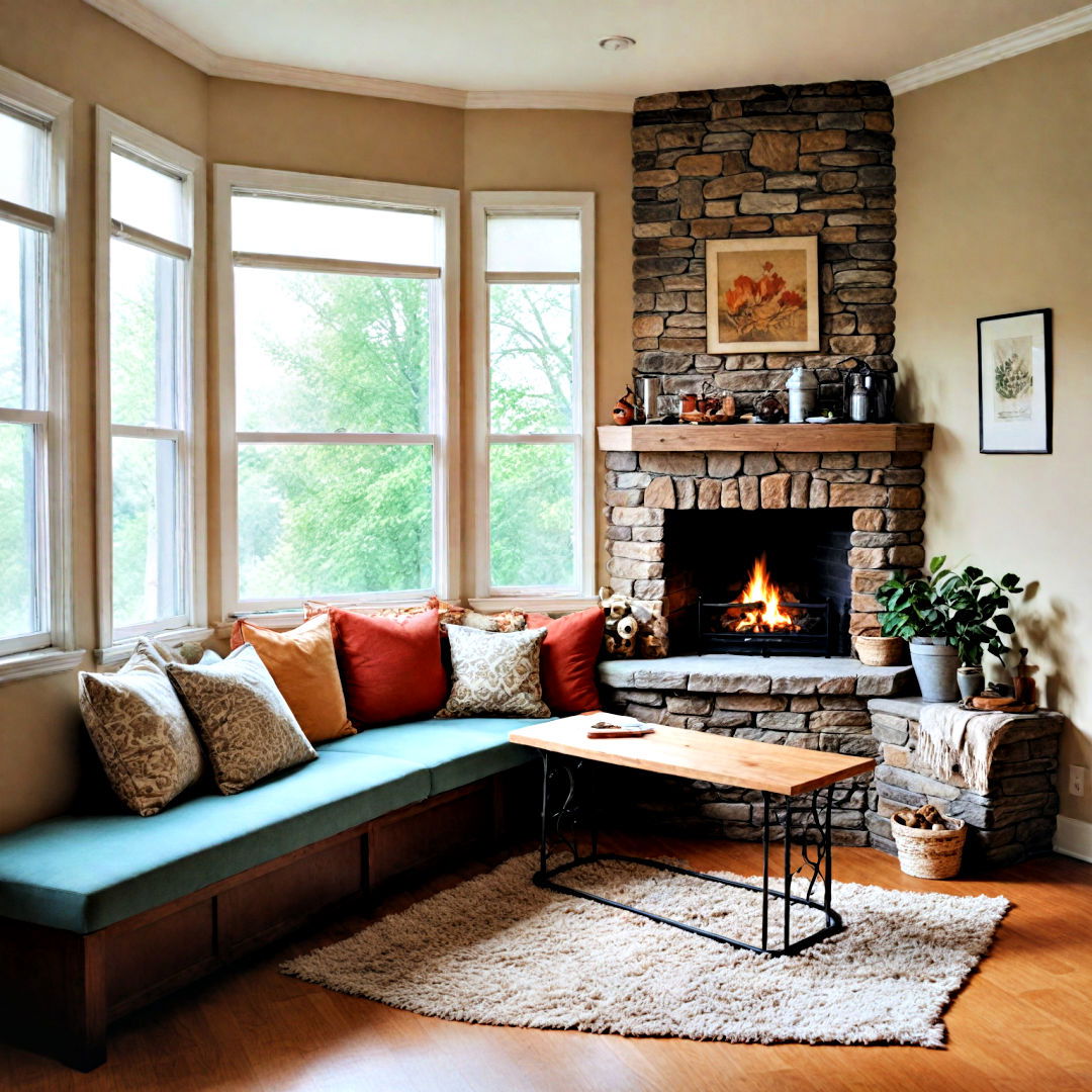 fireplace with a corner bench for small space - 25 Corner Fireplace Ideas