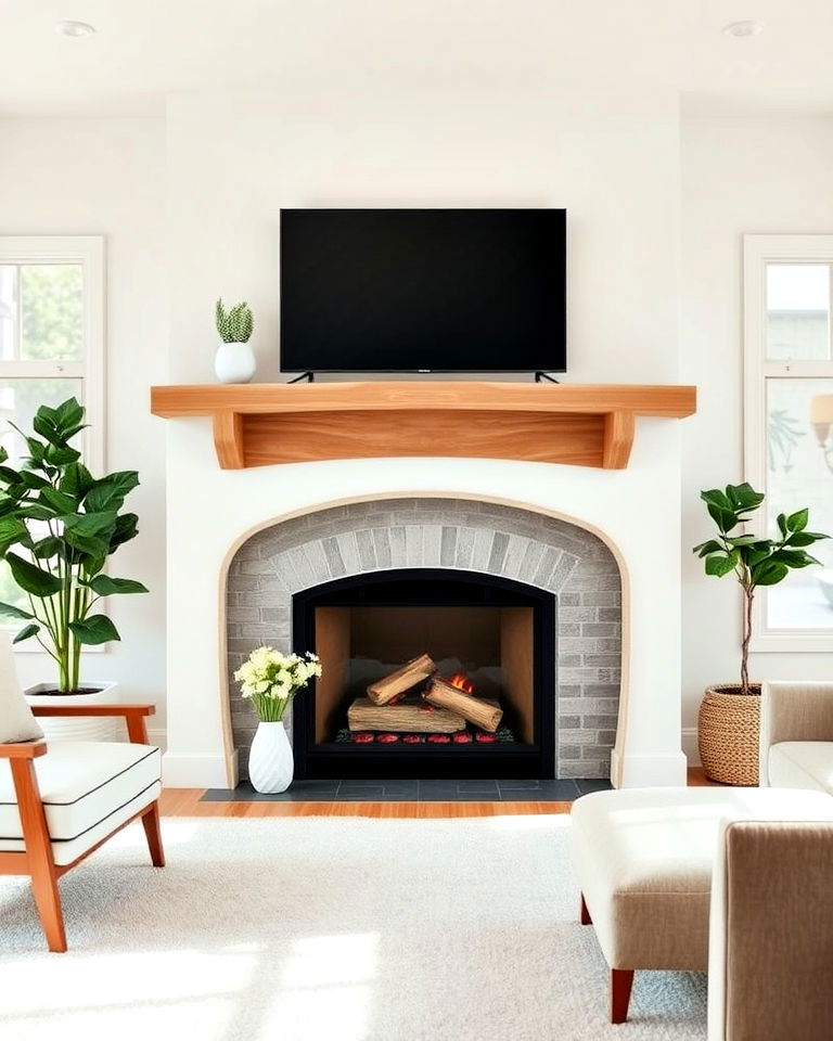 fireplace with curved wood mantel - 20 Wood Fireplace Mantel Ideas