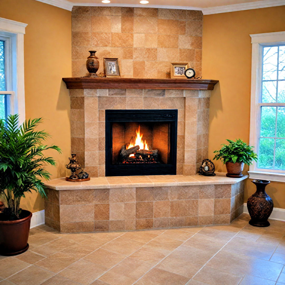 fireplace with elegant ceramic tile surround - 25 Corner Fireplace Ideas