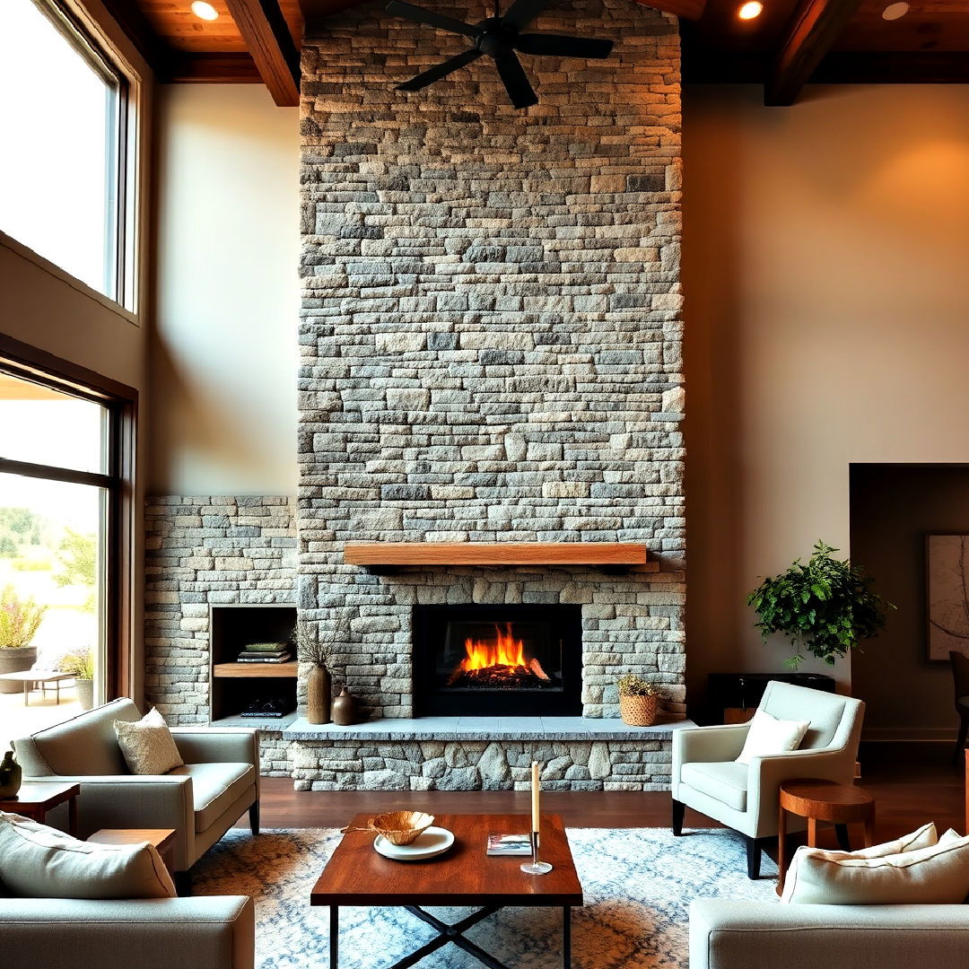 fireplace with floor to ceiling stacked stone - 25 Stacked Stone Fireplace Ideas