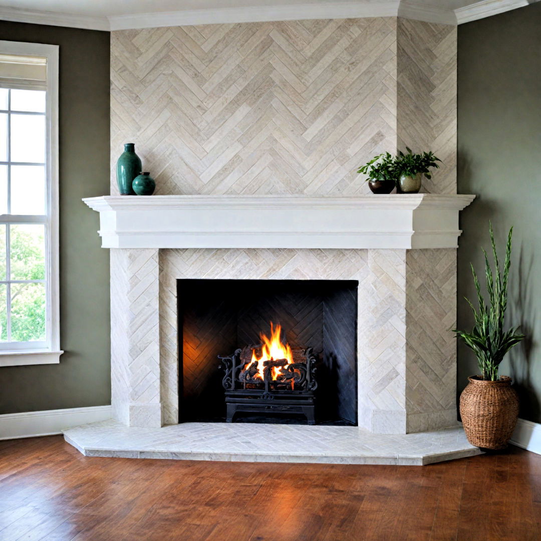fireplace with herringbone tile surround - 25 Corner Fireplace Ideas