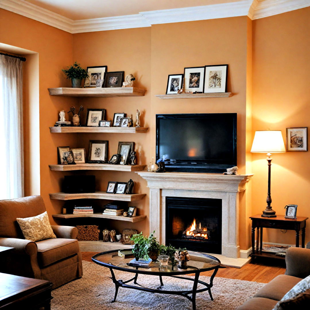 fireplace with open shelving for living room - 25 Corner Fireplace Ideas