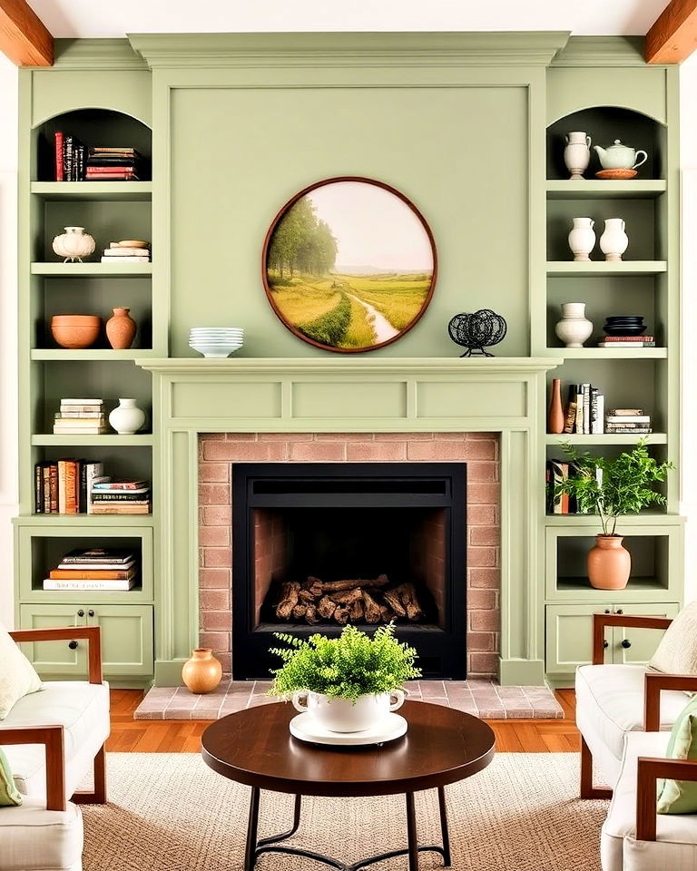 fireplace with sage green built in shelves - 15 Sage Green Fireplace Ideas
