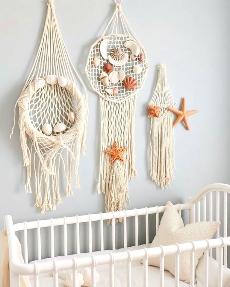 fish netting wall hangings for nautical themed nursery - 25 Nautical Nursery Ideas