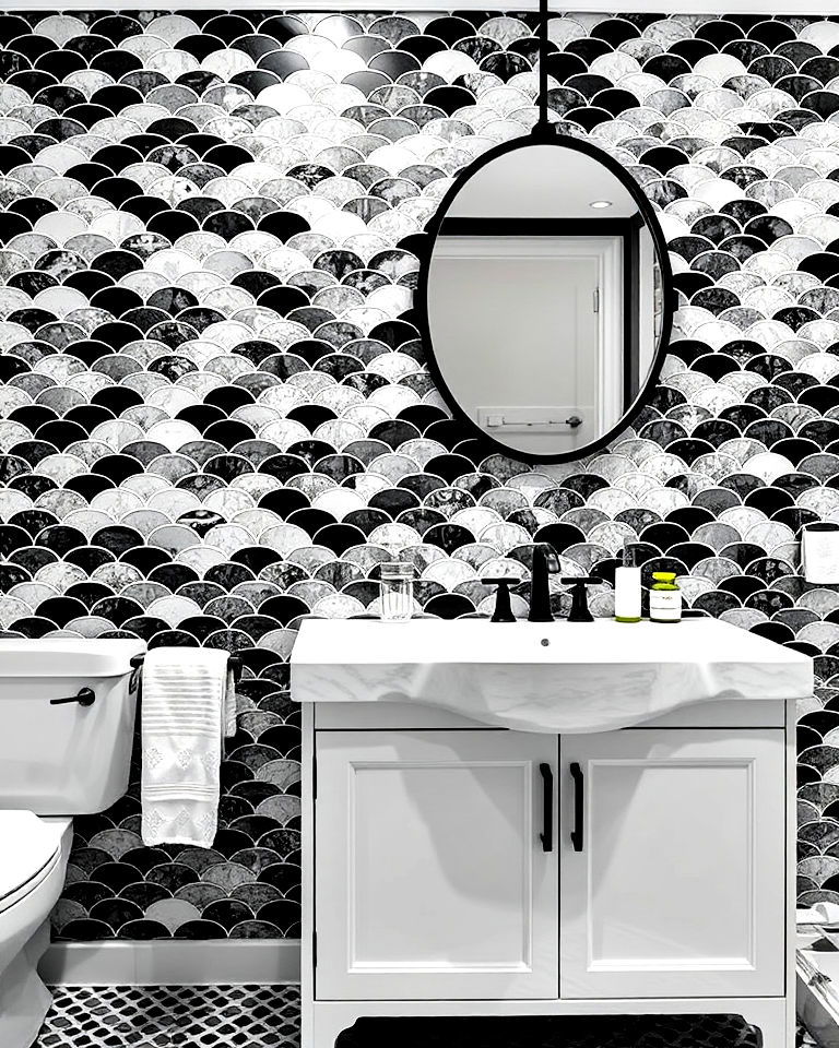 fish scale tiles to add whimsical touch - 20 Black and White Bathroom Tile Ideas