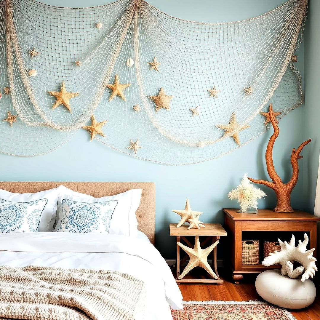 fishnet wall decor for ocean themed bedroom - 40 Ocean-themed Bedroom Ideas