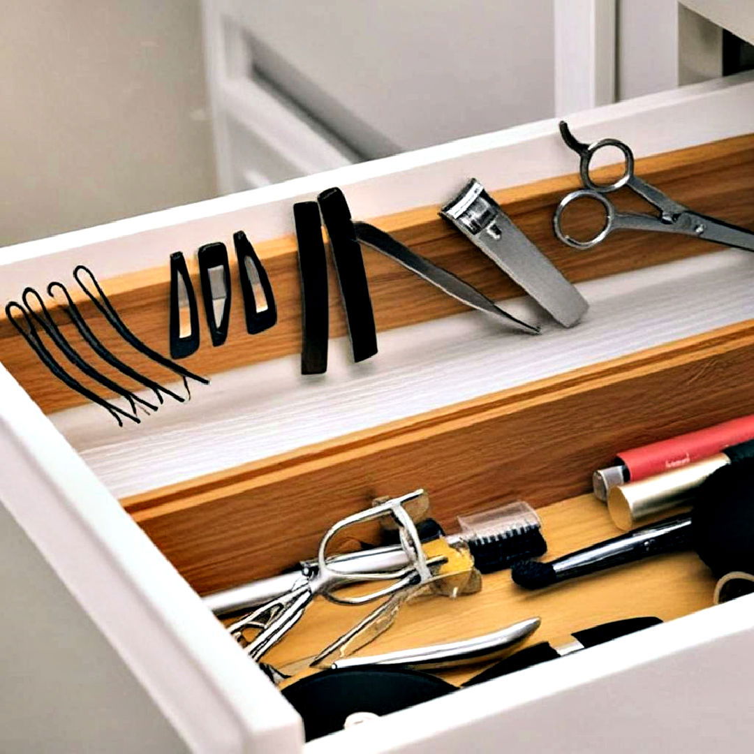 fix a magnetic strip inside the cabinet door - 40 Bathroom Organization Ideas