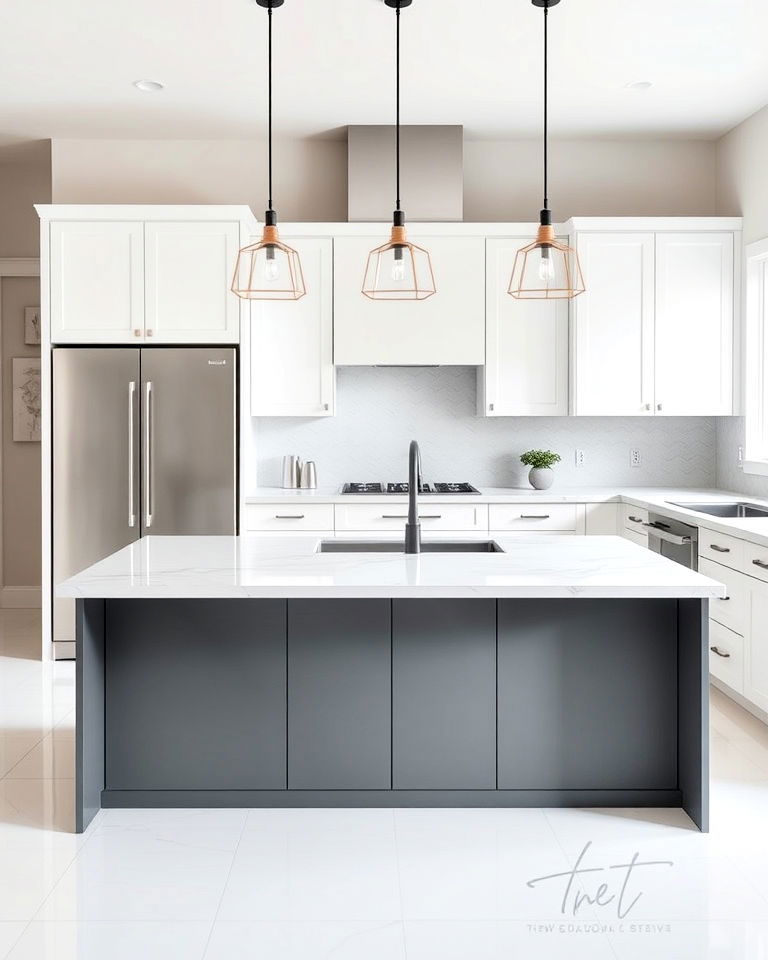 flat panel grey island and crisp white cabinets - 15 White Kitchen Cabinets With Grey Island Ideas