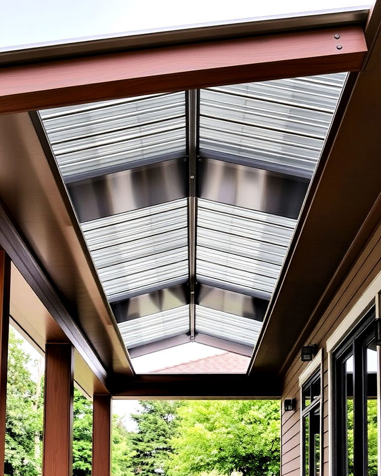 flat sheet metal roofing with geometric lines - 30 Metal Roof Porch Design Ideas