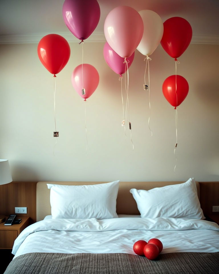 floating balloon arrangements - 30 Romantic Hotel Room Ideas