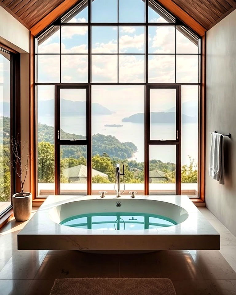 floating bathtub against a window - 30 Open Concept Bathroom Ideas