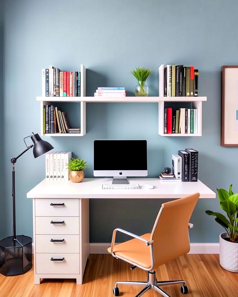 floating bookshelves above desk for books - 40 Bedroom Office Ideas