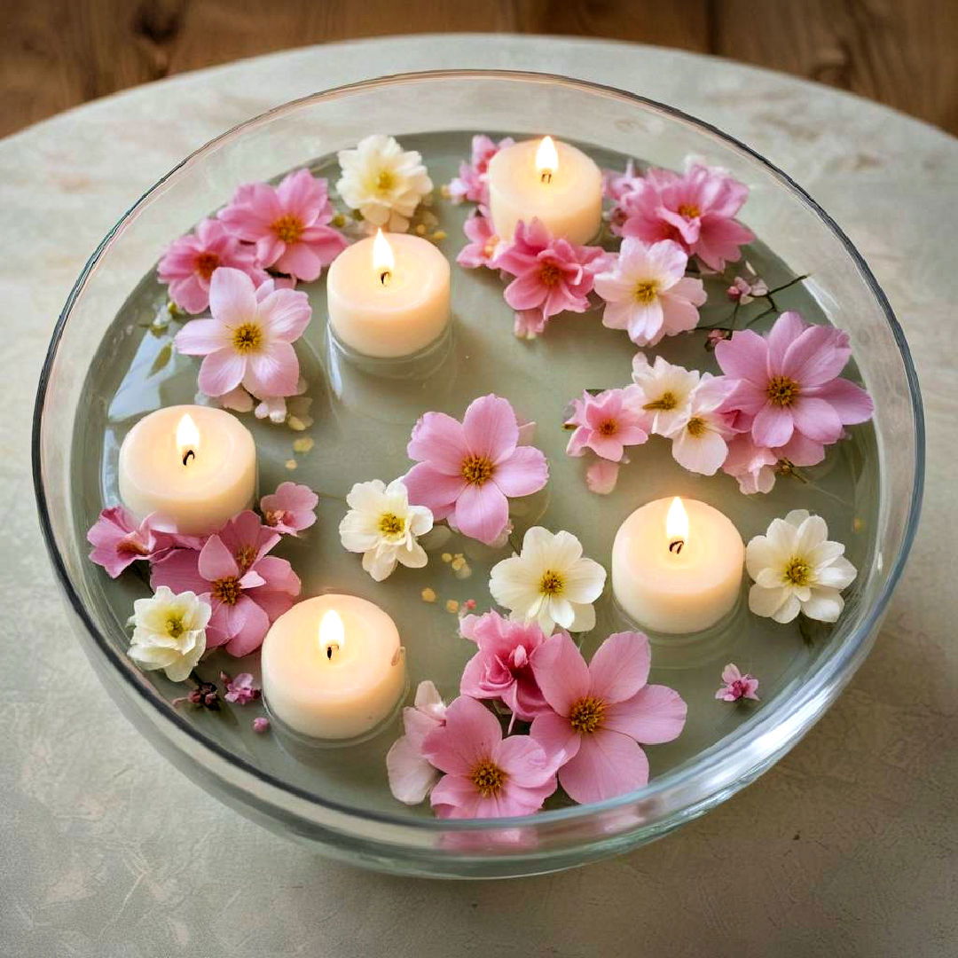 floating candles and flowers bowl - 25 Spring Centerpiece Ideas