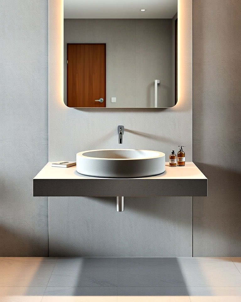 floating concrete sink to add minimalist touch - 30 Concrete Bathroom Ideas