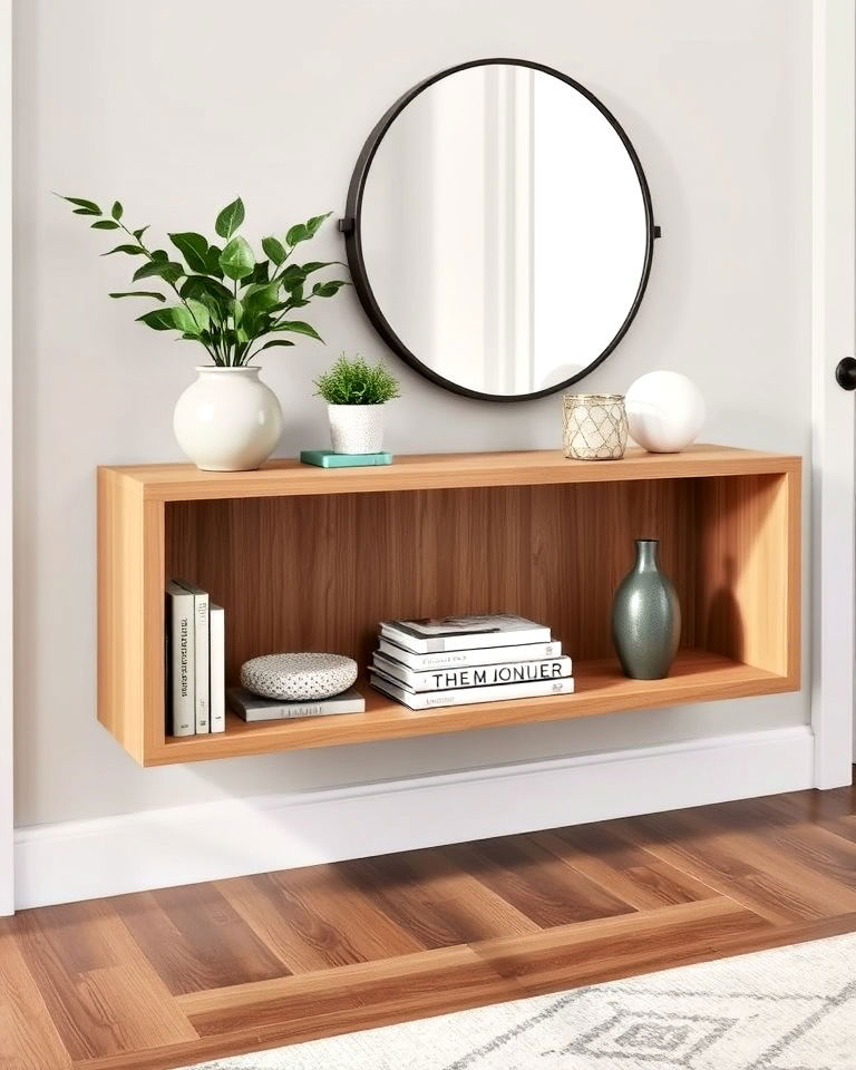 floating console with open shelves design - 50 Foyer Decor Ideas