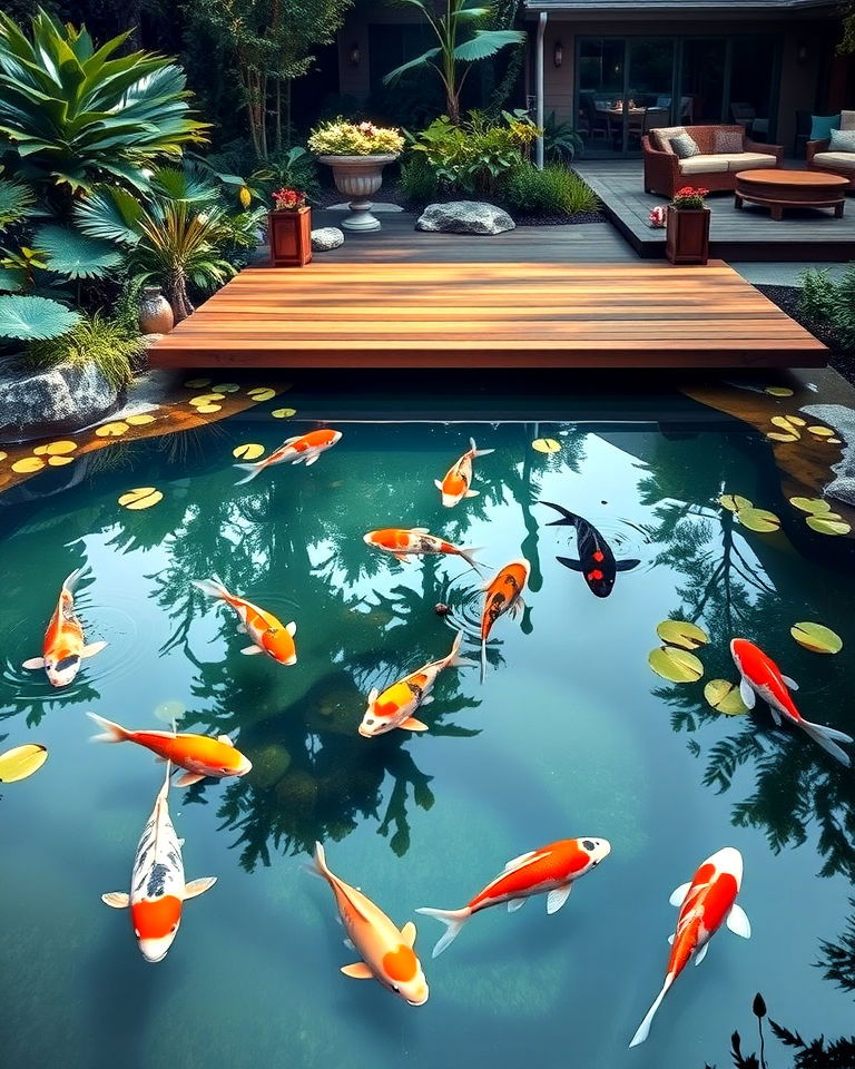 floating deck for unique koi pond - 40 Luxury Landscaping Ideas
